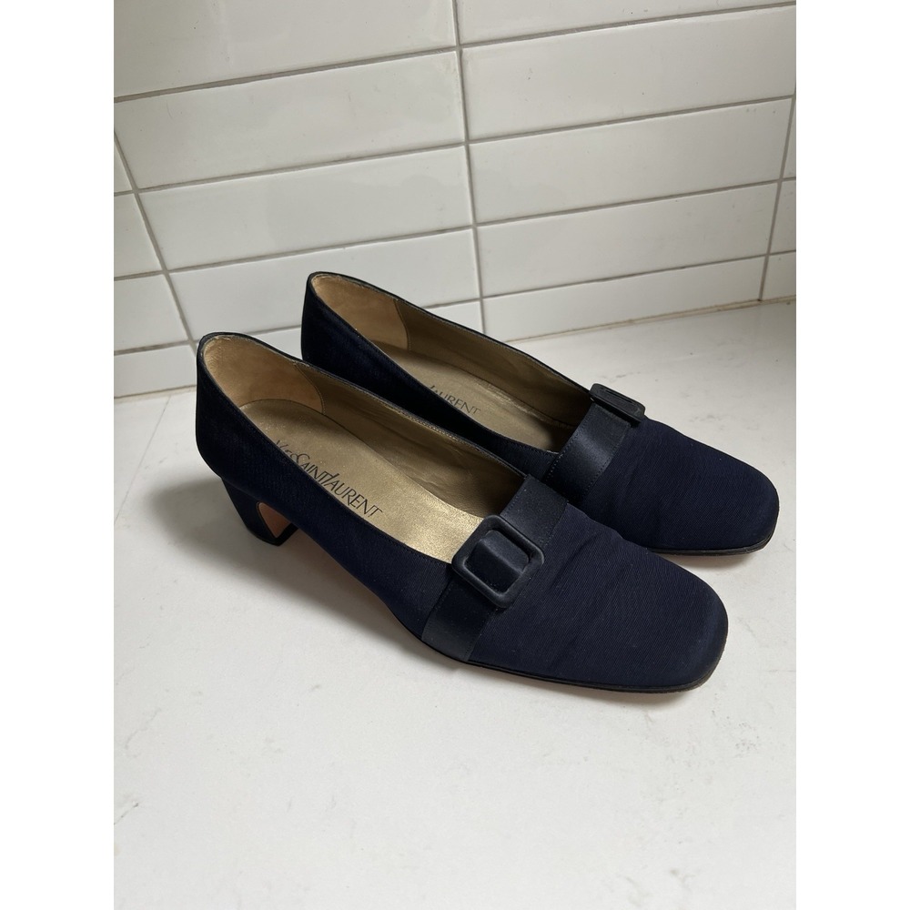 Vintage Yves Saint Laurent YSL Navy Blue Grosgrain Buckle Pumps Size 8.5 M Italy